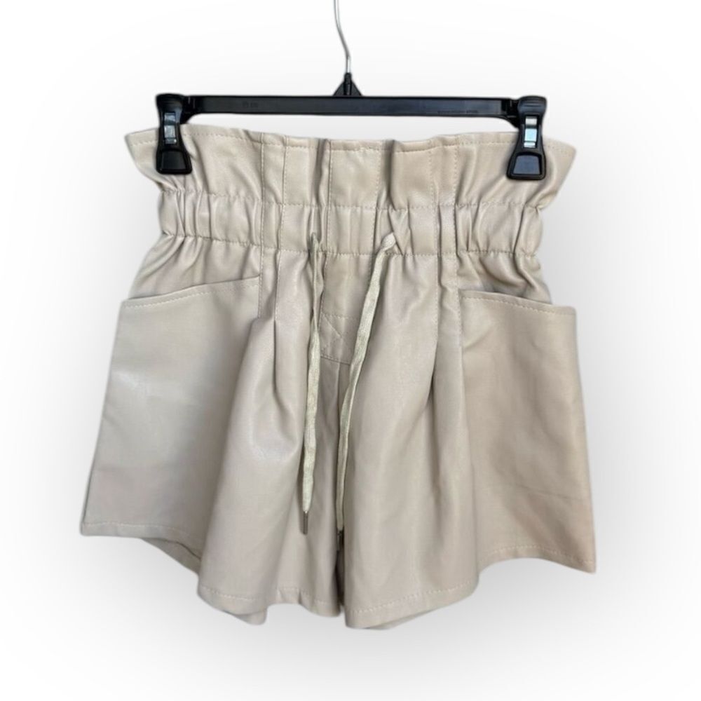 Mable Women's High-Waisted Beige Faux Leather Paperbag Shorts Size S
